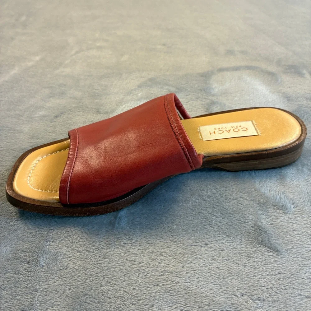 Coach Red Leather Slide Sandals Made in Italy Square Toe Flat Mules Women's 7B